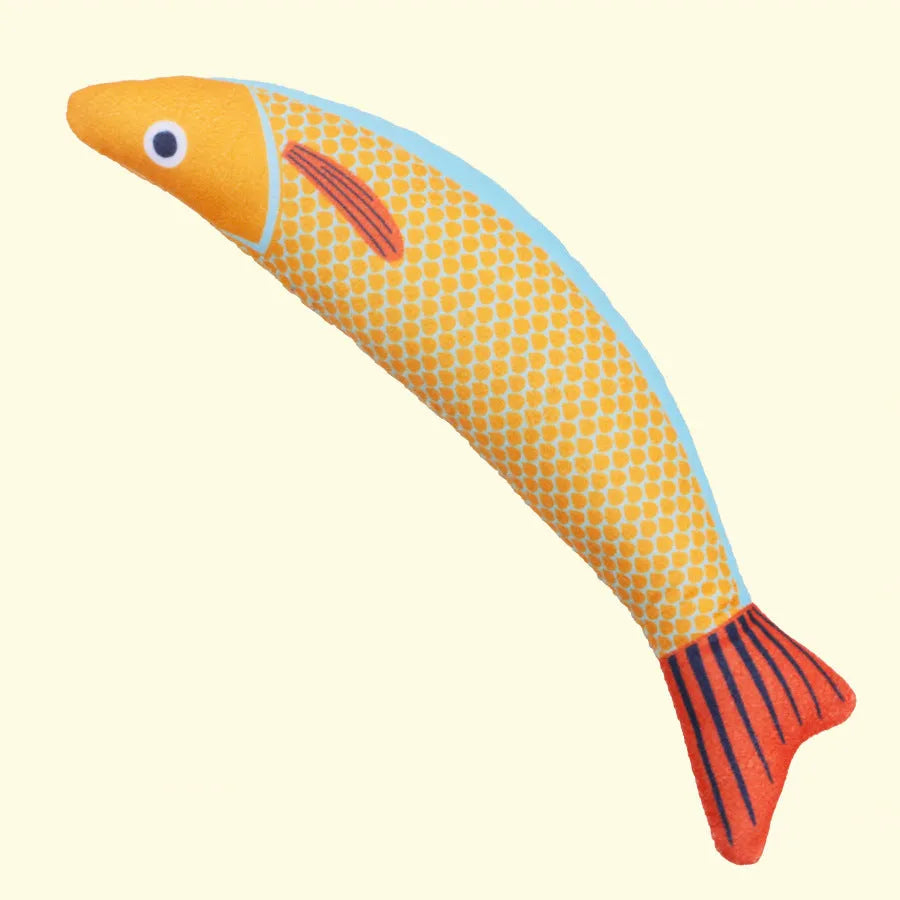 Green fish-shaped cat kicker toy with organic catnip filling and crinkle sound feature