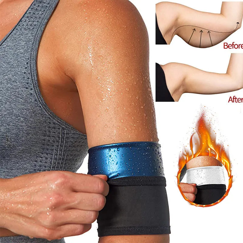 Blue and silver arm compression sweatbands shown in various sizes for sports and yoga.