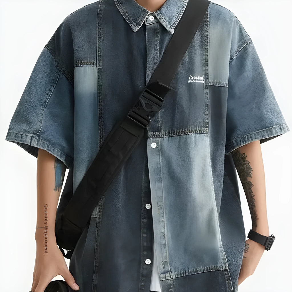 Blue Japanese-style retro washed stitching denim shirt for men with loose cardigan fit