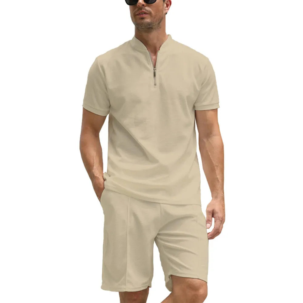Men's solid colour polo shirt and trousers two-piece set in textured beaded bird's eye polyester fabric