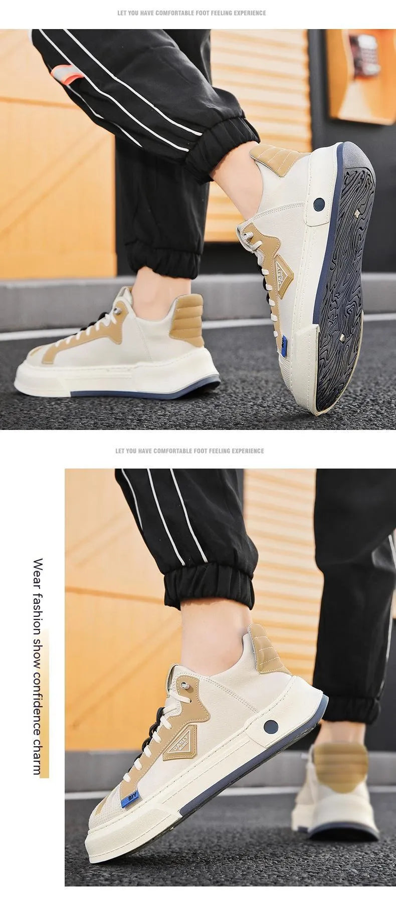 Men's beige casual low-top sneakers with elastic band and leather stitch detail on microfiber upper.