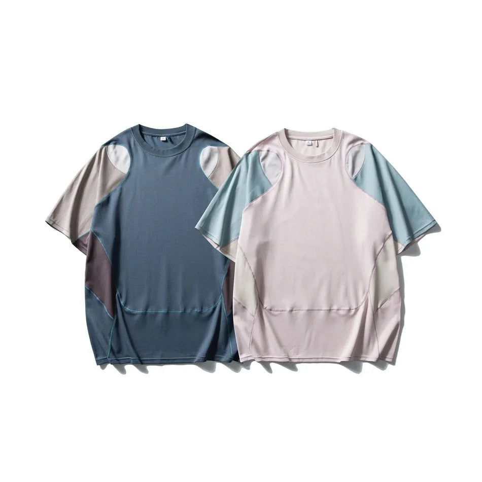 Men's loose patchwork contrast colour sports T-shirt with short raglan sleeves in cotton blend fabric