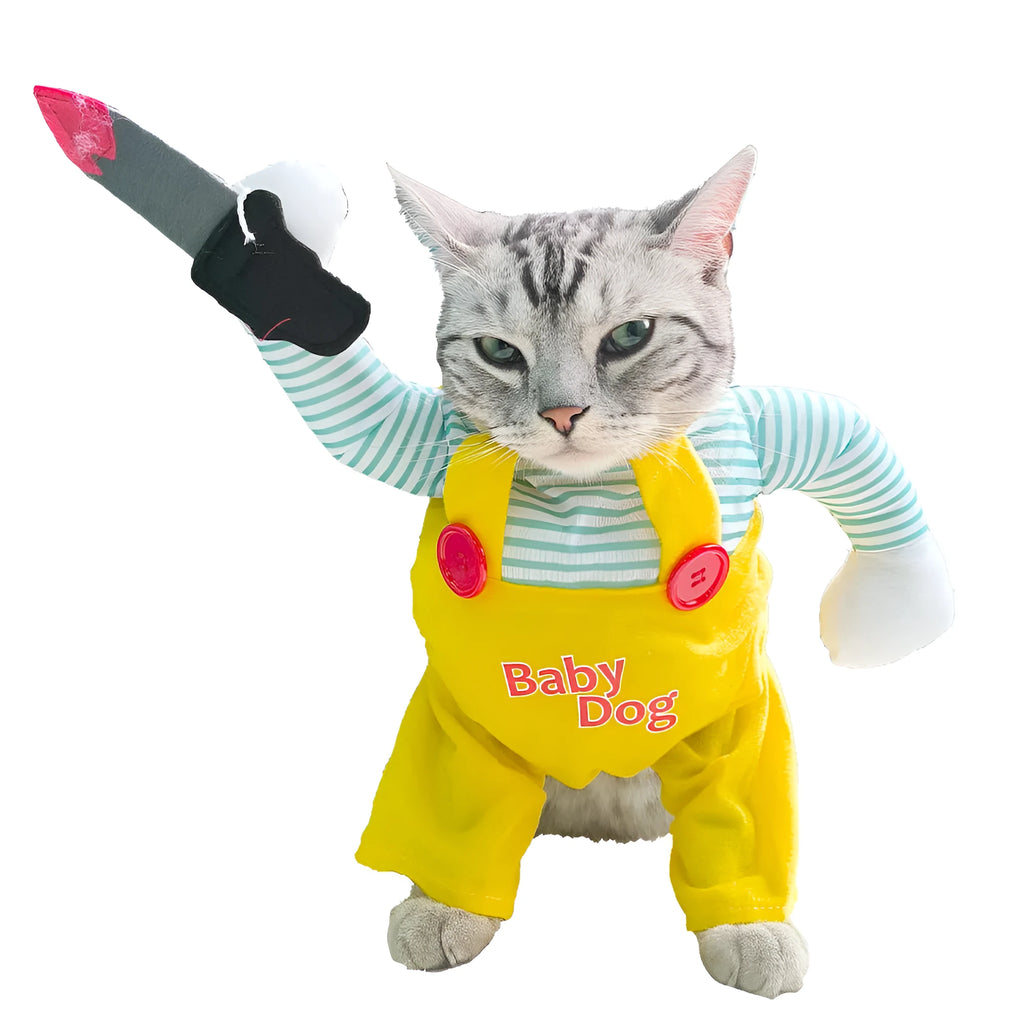 Yellow knife assassin cat costume clothing on feline model showing polyester construction
