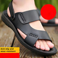 Men's brown and black waterproof plastic casual sandals on a beach background.