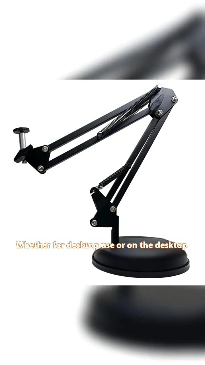 Black foldable metal cantilever bracket holding a tablet on a desk.