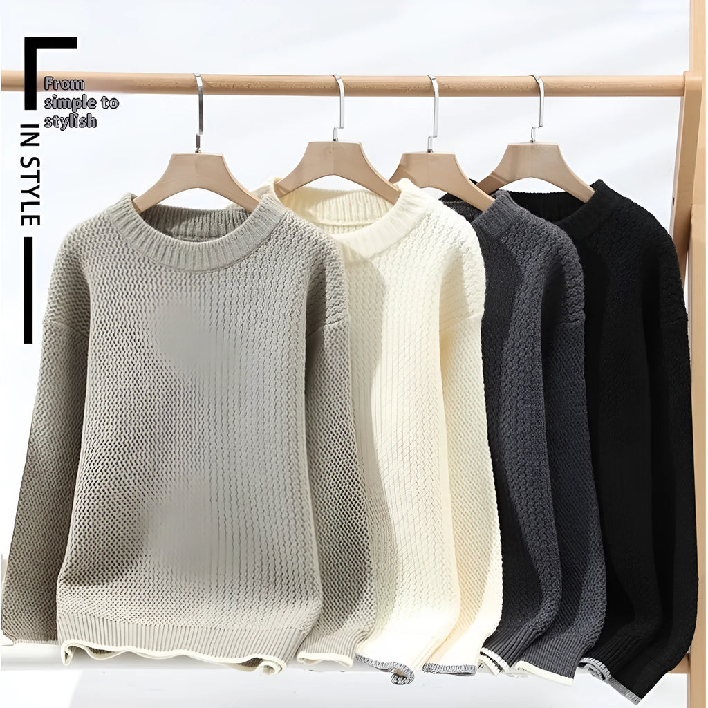 Men's grey casual pullover sweater with crew neck and long sleeves