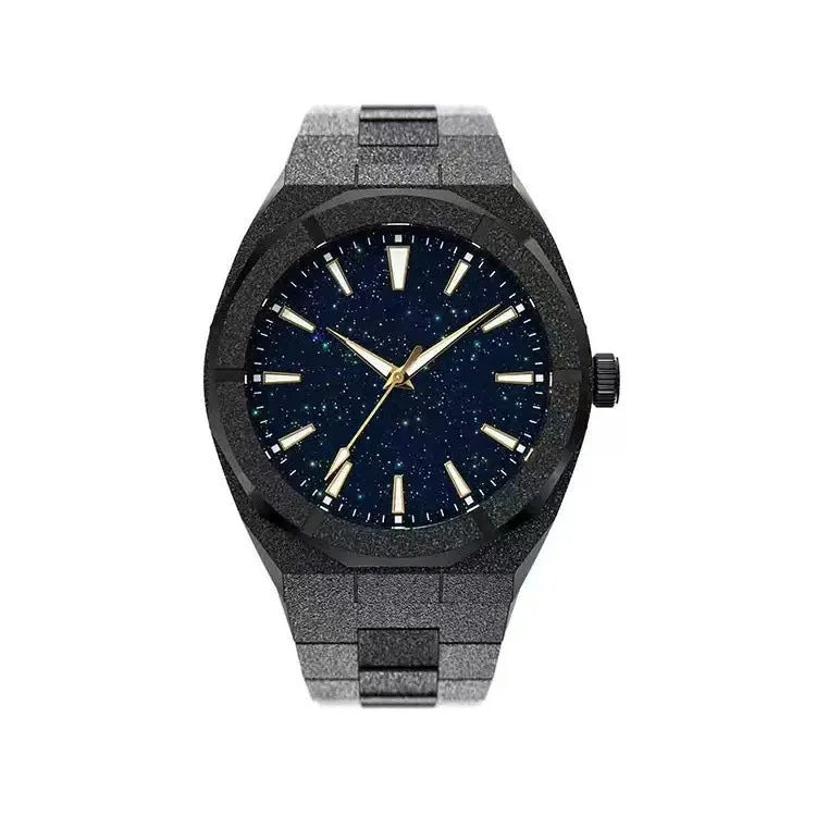 Men's business watch with frosted stainless steel finish and luminous markers on black background