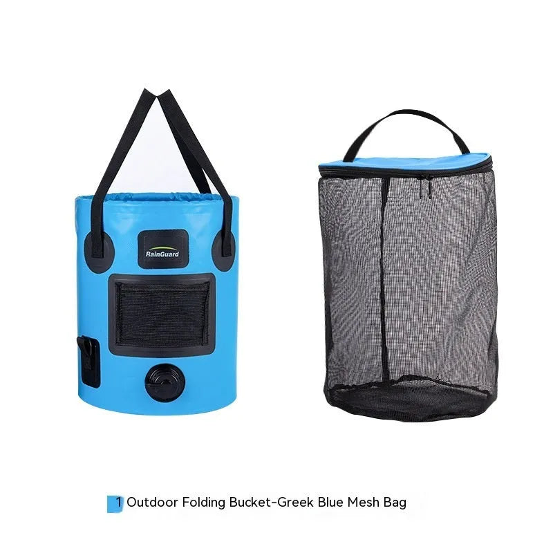 Lemon yellow 25-litre plastic folding fishing bucket showing its collapsible design and optional mesh pocket.