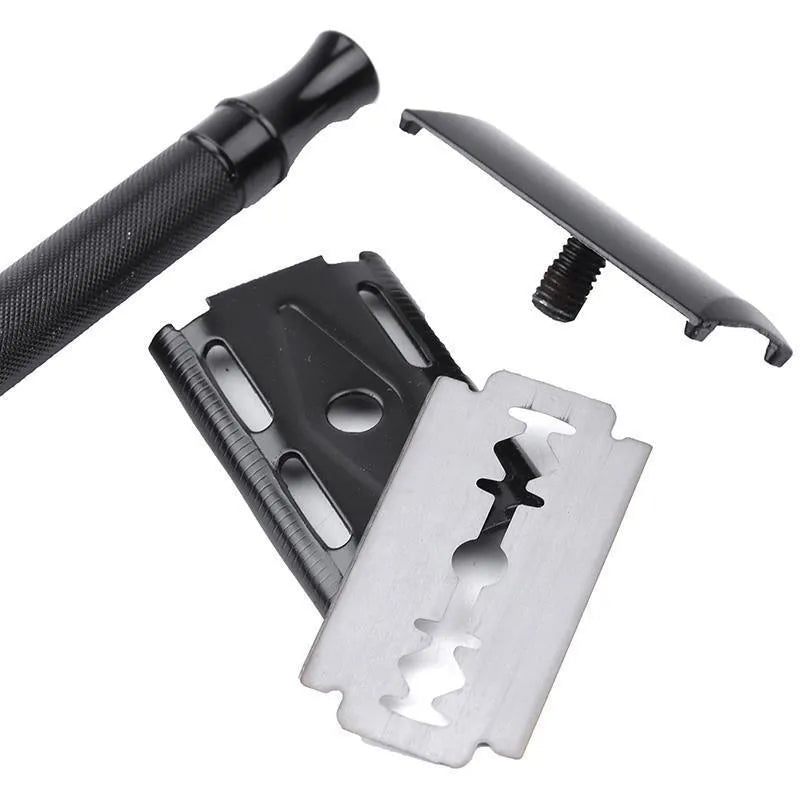 Traditional manual safety razor and shaving brush combination set in black or silver finish