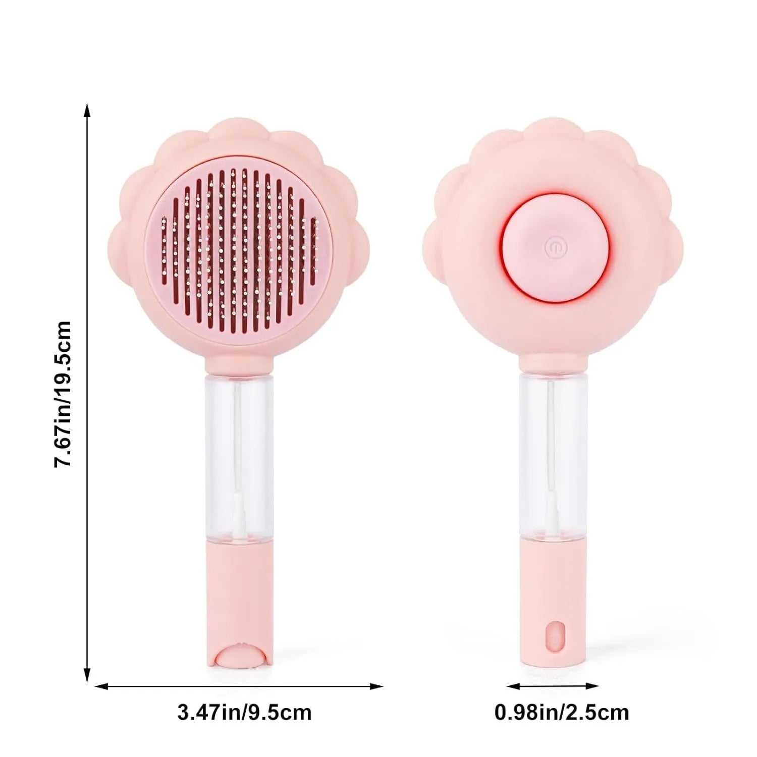 Grey, green, and pink spray cat brush with a release button and curved stainless steel bristles.