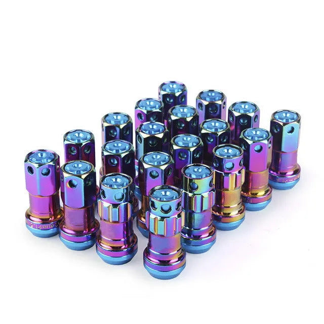 Universal aluminium alloy wheel hub nuts in multiple colour options with flat head design