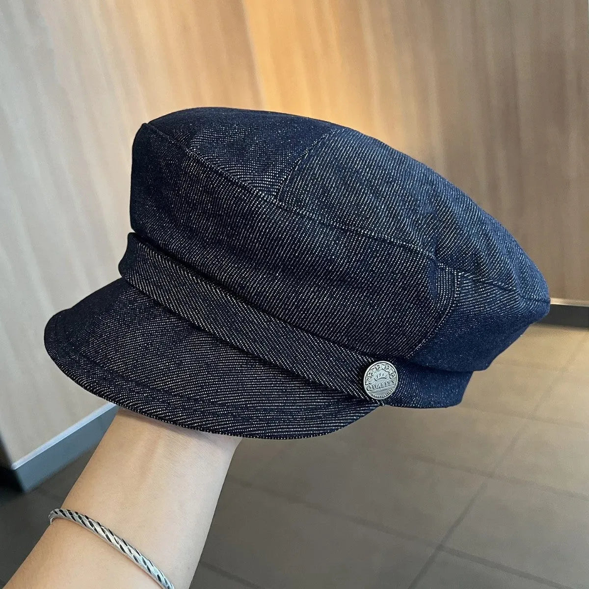 British retro octagonal denim newsboy hat with adjustable size and multiple brim colour options