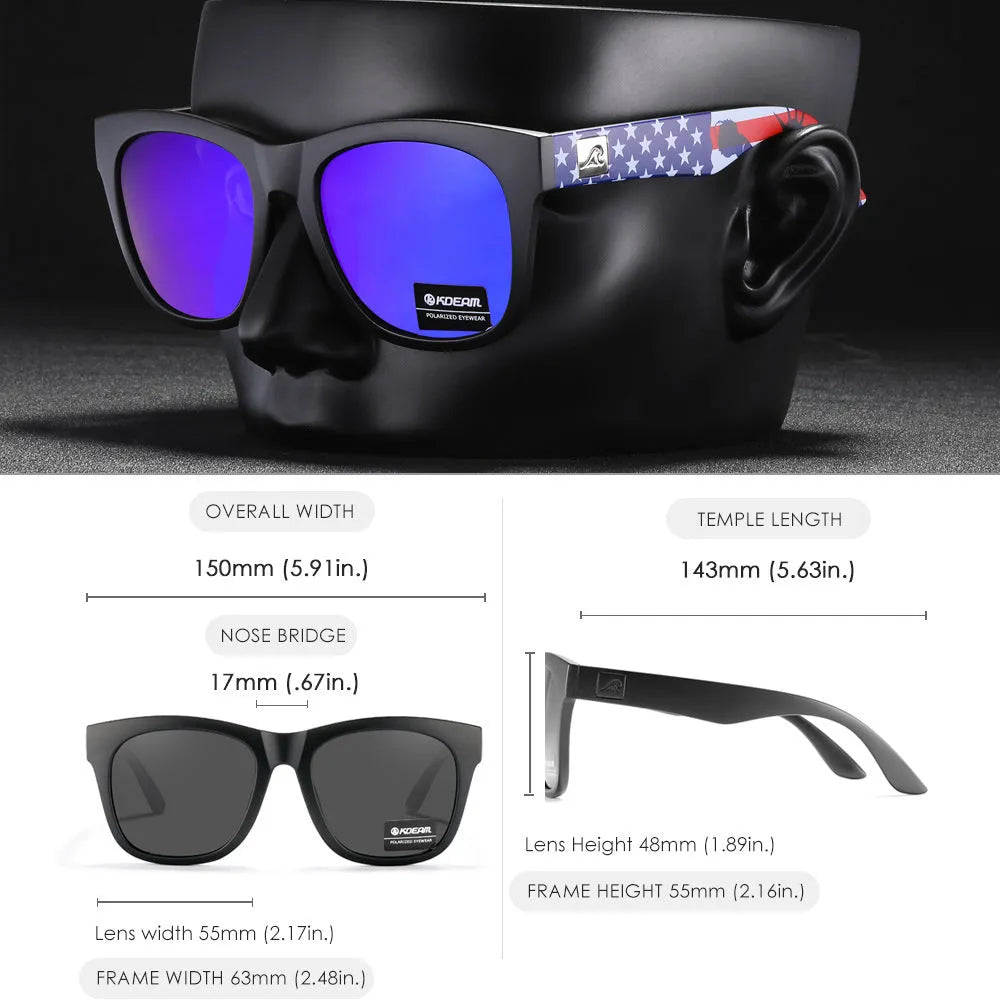Polarised sunglasses with TAC lenses and a thickened PC plastic frame for outdoor use.