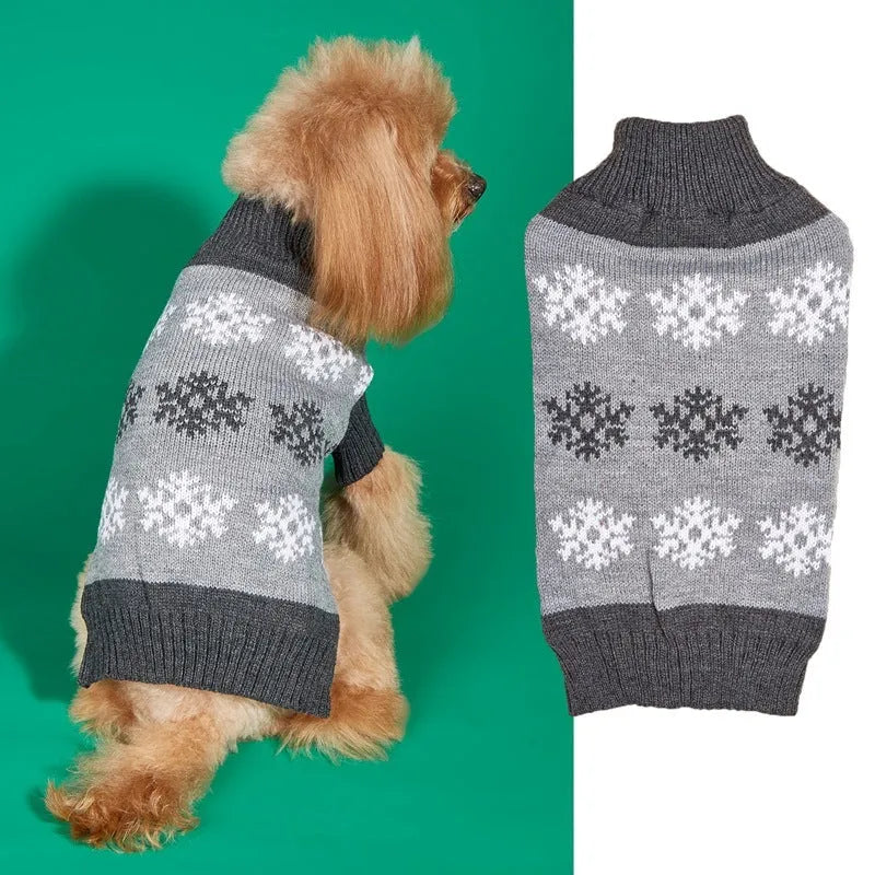 Snowflake patterned grey and brown dog Christmas sweater on canine model