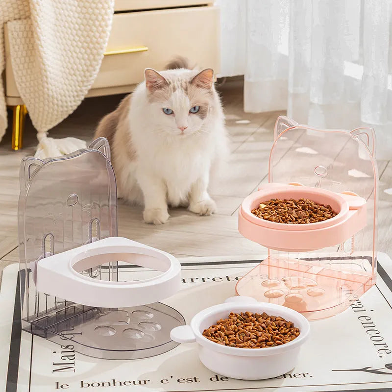 Cat feeding bowl with cat ear-shaped anti-spill neck protector and removable hanging cage