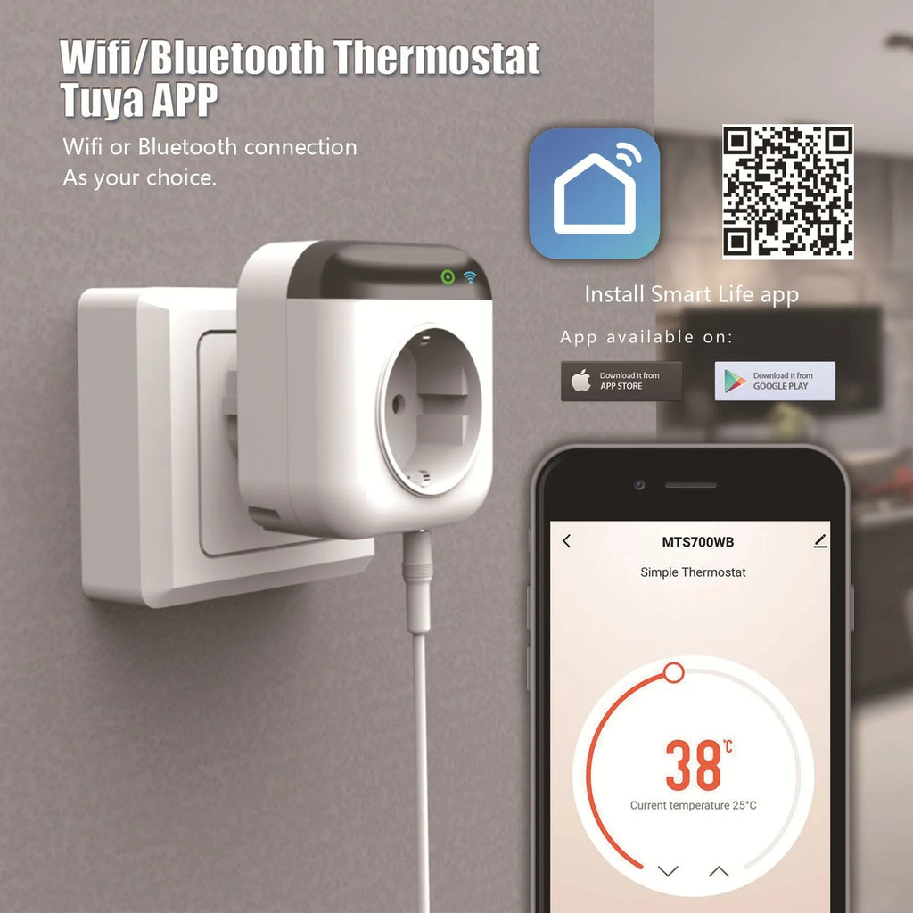 White Tuya smart temperature control socket with US three-prong outlet and a connected temperature sensor probe.
