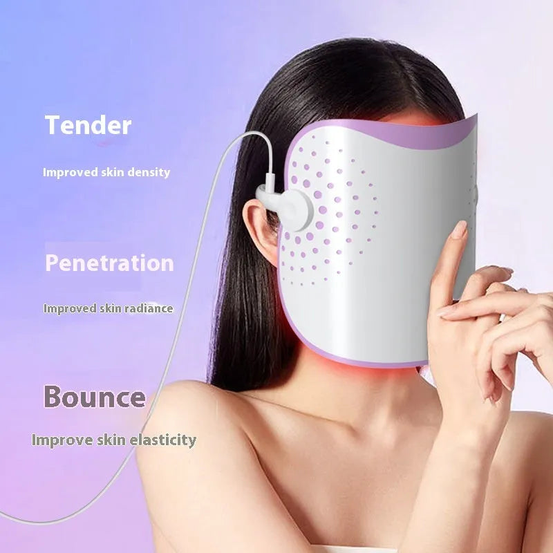 White and purple photon IPL beauty mask device body made of ABS and silicone measuring 222x150x110mm