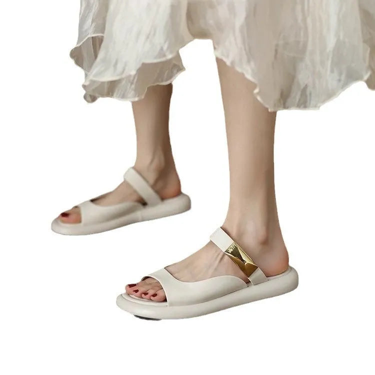 Apricot leather peep toe platform sandals with rubber soles shown from side view