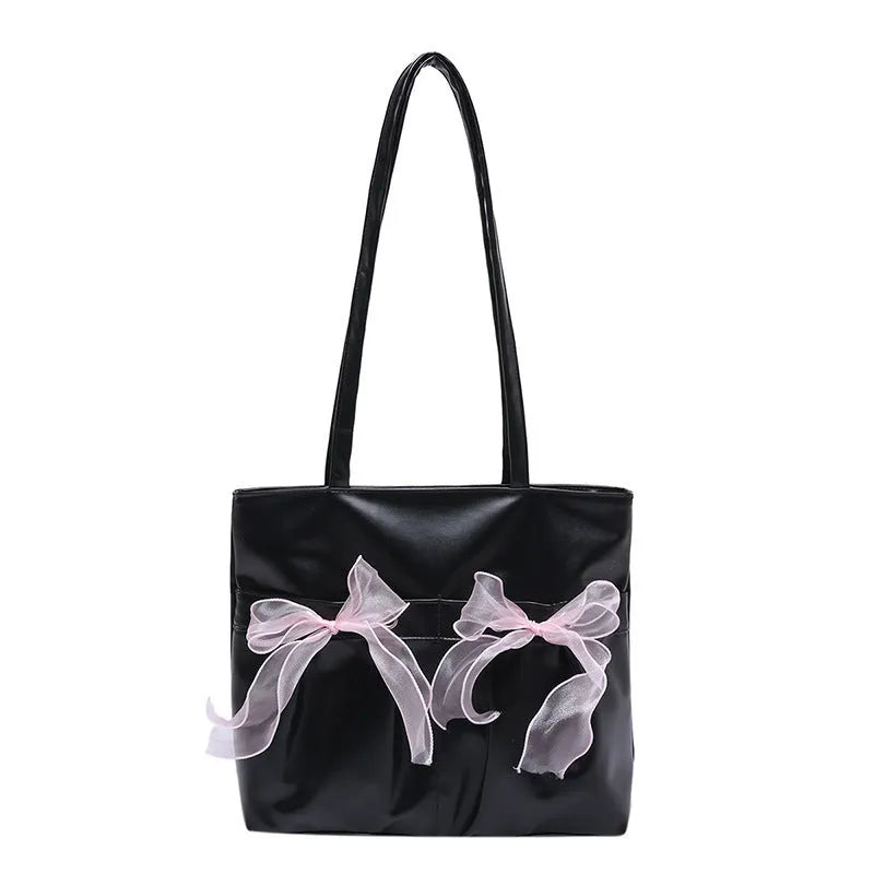 College style bow tote bag in black with double shoulder straps and large capacity design