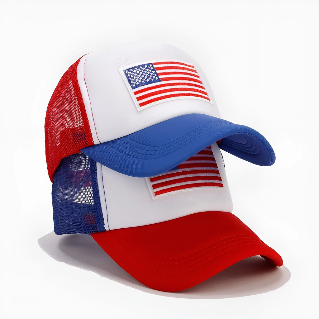 Red and blue contrast mesh baseball cap with adjustable closure and dome crown