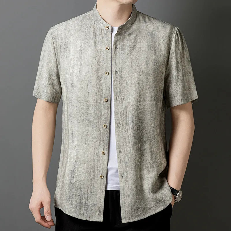 Men's solid colour linen shirt with a stand collar in a loose fit, shown in black grey.