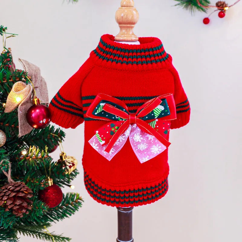 Red or green festive Christmas sweater for a dog on a white background.