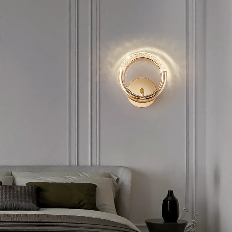 Modern minimalist wall lamp with acrylic shade in bedroom setting showing three light colour options
