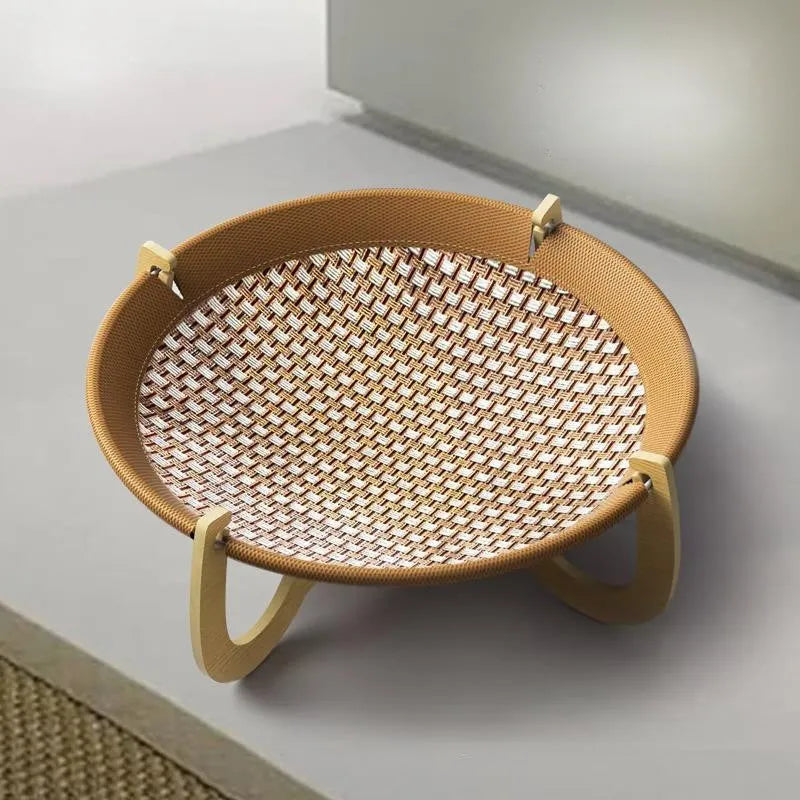 Brown woven rattan pet hammock bed measuring 46cm square with 17.5cm height elevation