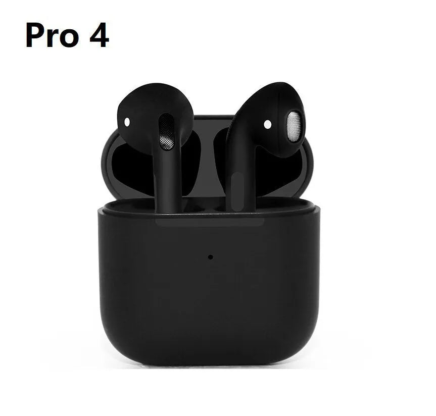 Pro4 White and Pro4 Black wireless in-ear sports Bluetooth headphones with charging case.