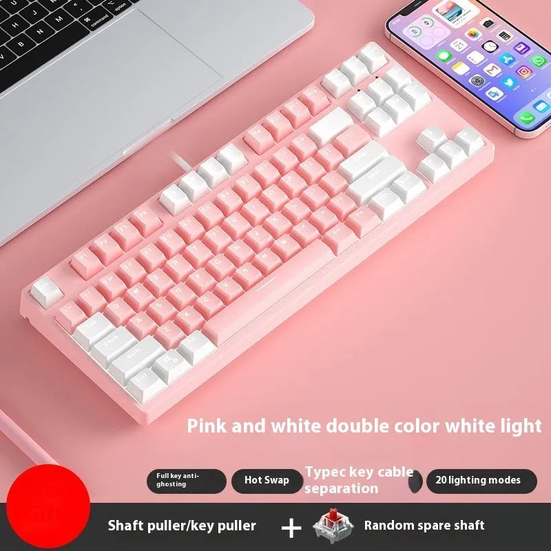 87 key wired mechanical keyboard with hot-swappable switches showing dual-colour keycap theme on metal body