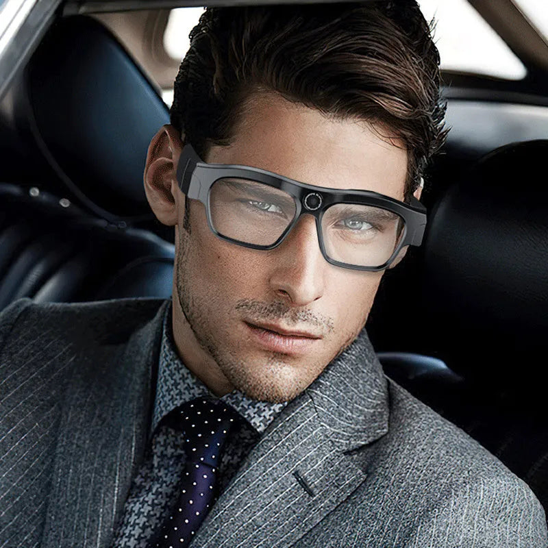 Black smart Bluetooth glasses with transparent lenses for head-mounted video recording
