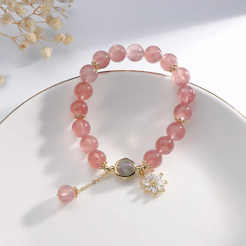 Strawberry quartz crystal bracelet with floral design in Mori and Korean style