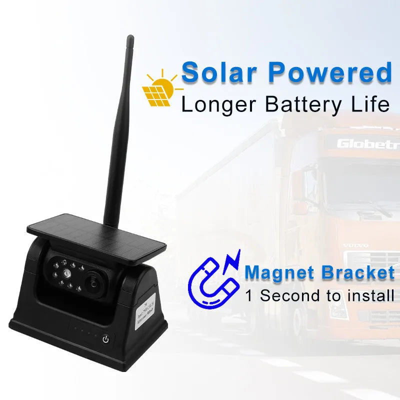 Solar wireless charging reversing camera with aluminium alloy shell and magnet suction mounting