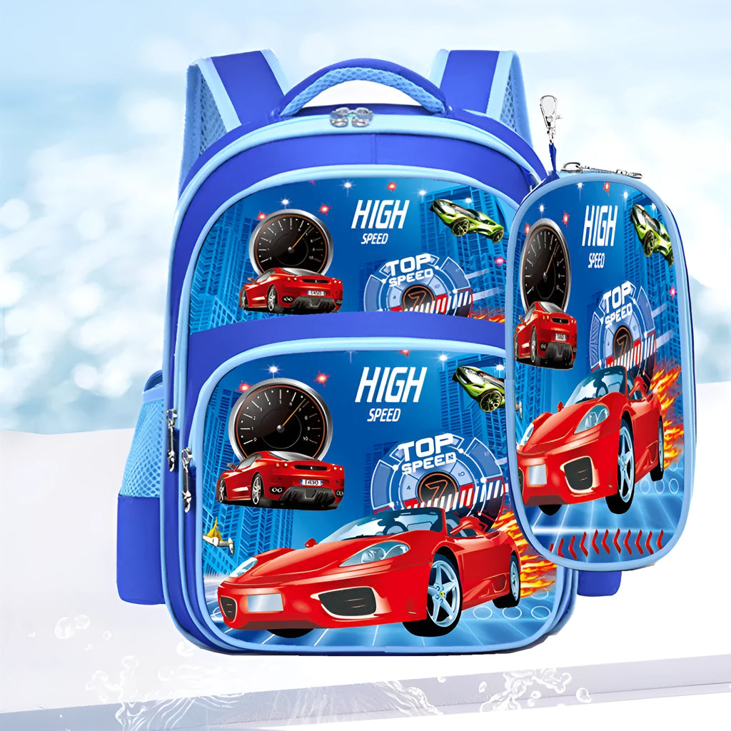 Children's blue cartoon backpack with school books showing internal zipper pocket organisation