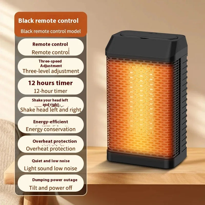 Black remote control desktop electric heater showing compact dimensions and shaking head mechanism