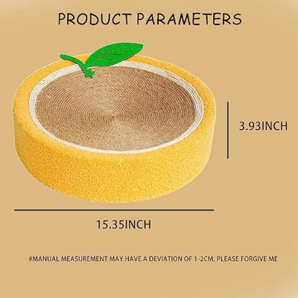 Yellow-orange round cat scratching board with sisal surface and concave centre bed measuring 390mm diameter