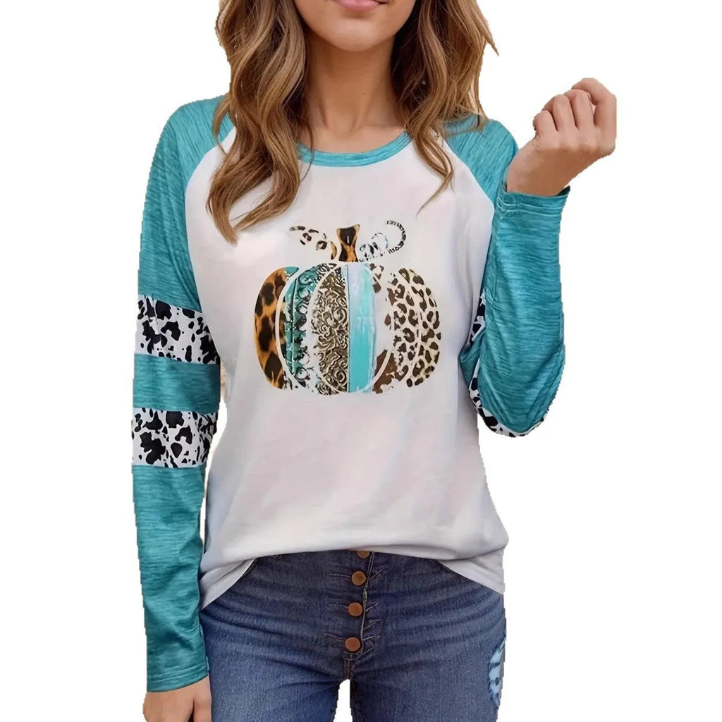 Sky blue long sleeve T-shirt with 3D digital printed pumpkin pattern in regular fit style