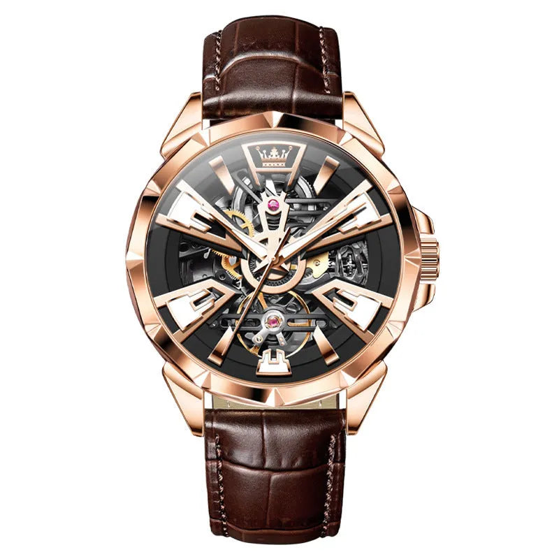 Men's automatic mechanical watch with skeleton dial showing visible movement through transparent case back