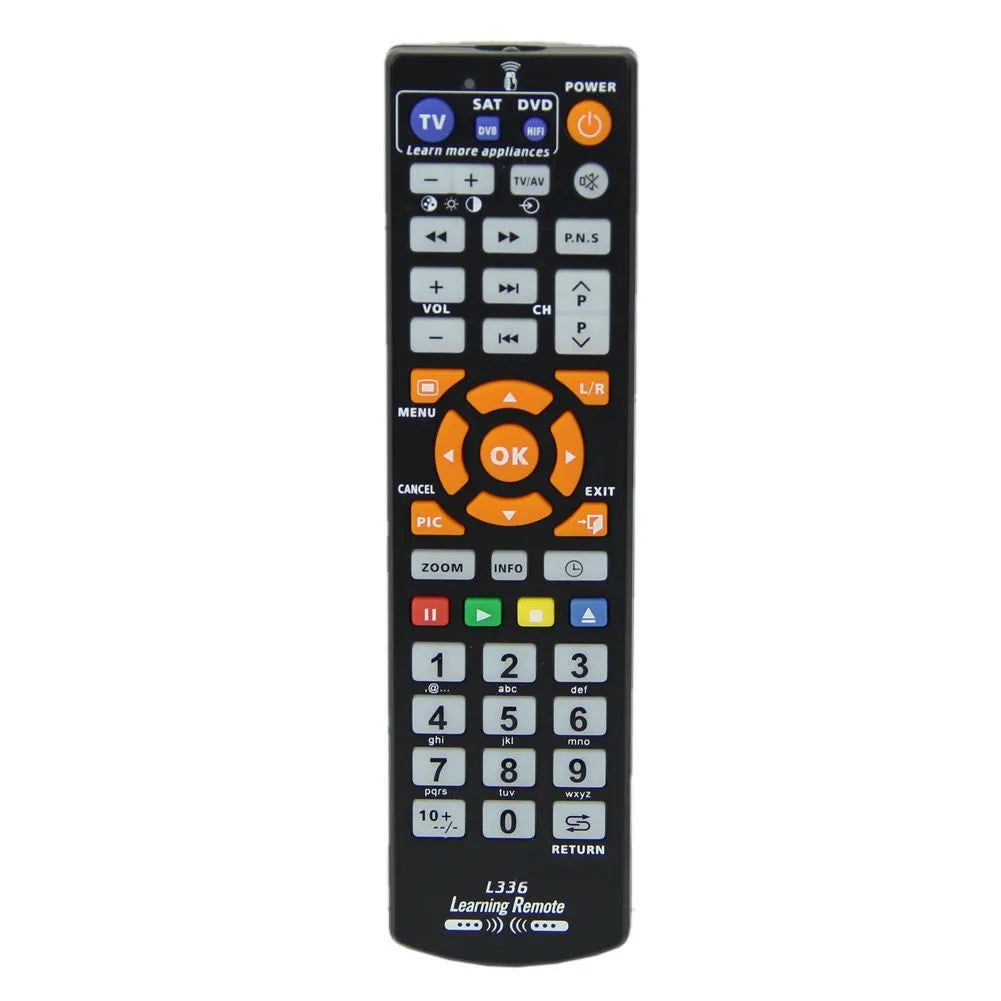 Black L336 learning remote control with full button layout for audio equipment programming