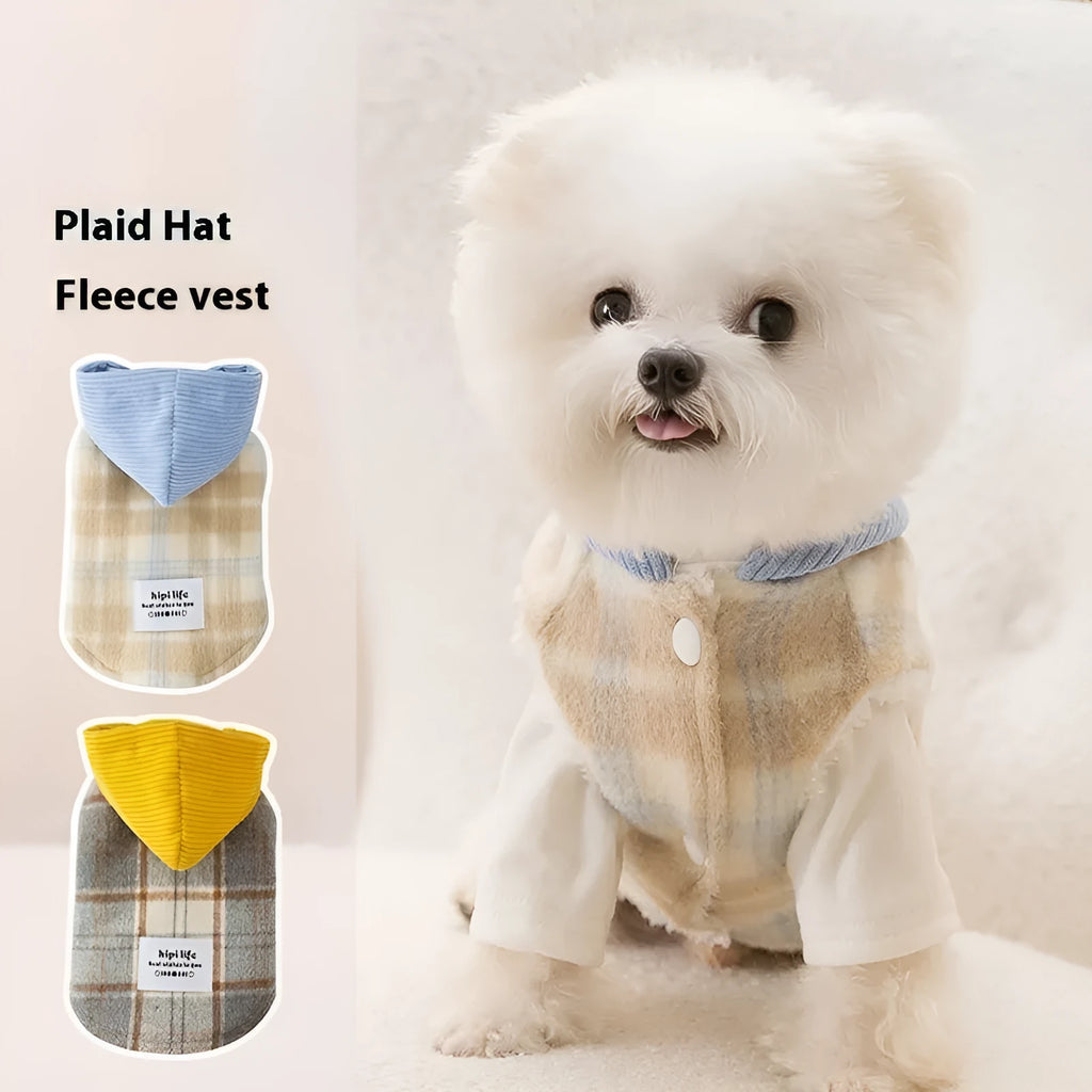Blue corduroy chessboard grid hooded traction vest for dogs with size labels