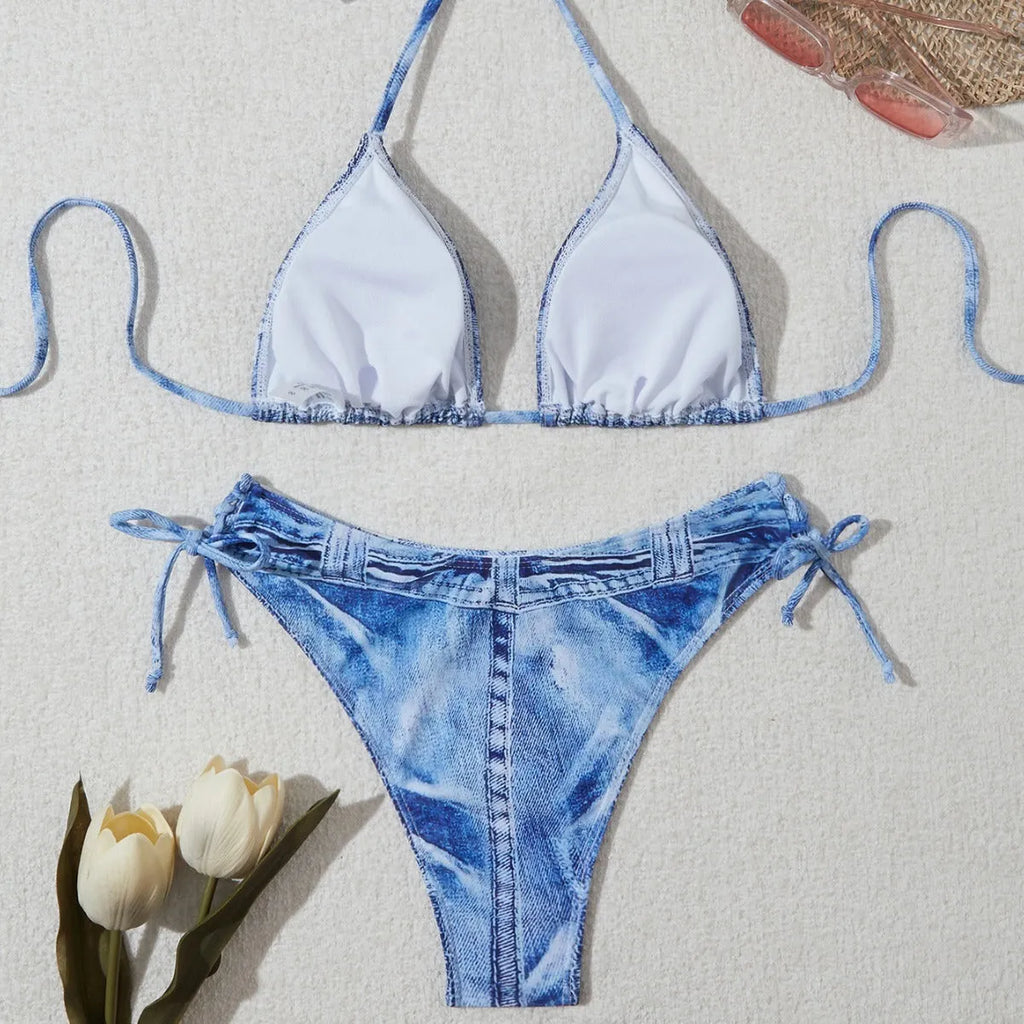 Women's denim blue printed strap bikini set on white background