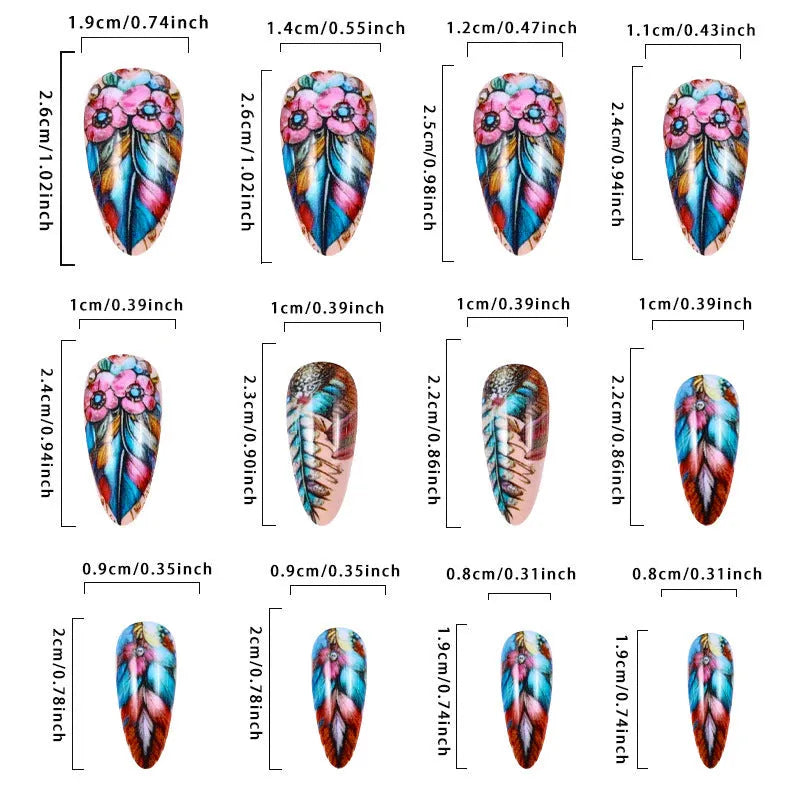 Retro nail art set with coloured plastic feather wear armour in butterfly, flower, and heart patterns