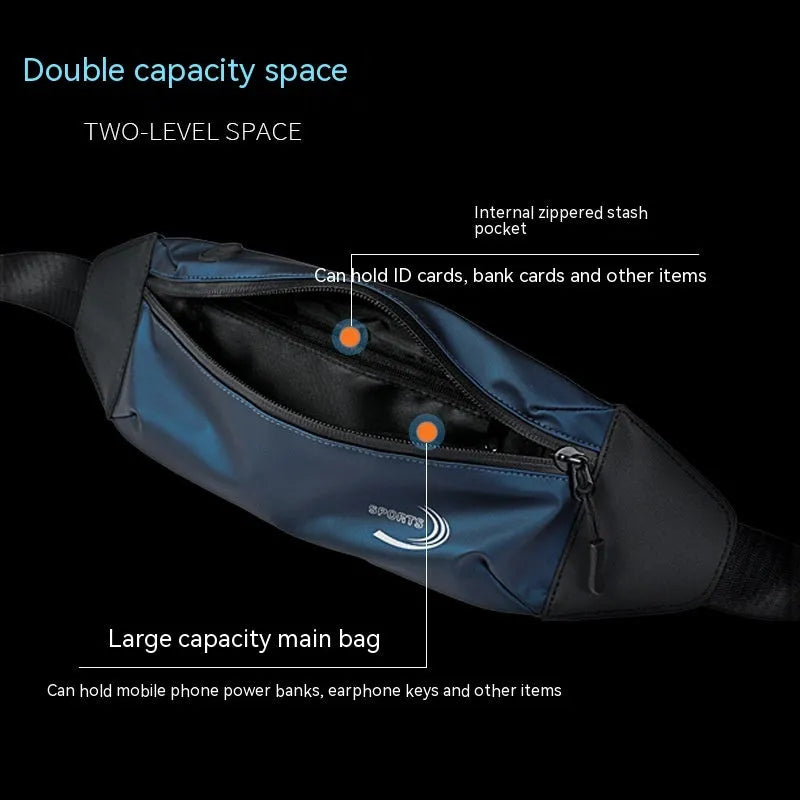 Men's blue waterproof waist bag made of Derm Oxford polyester with dimensions 45cm by 10cm.