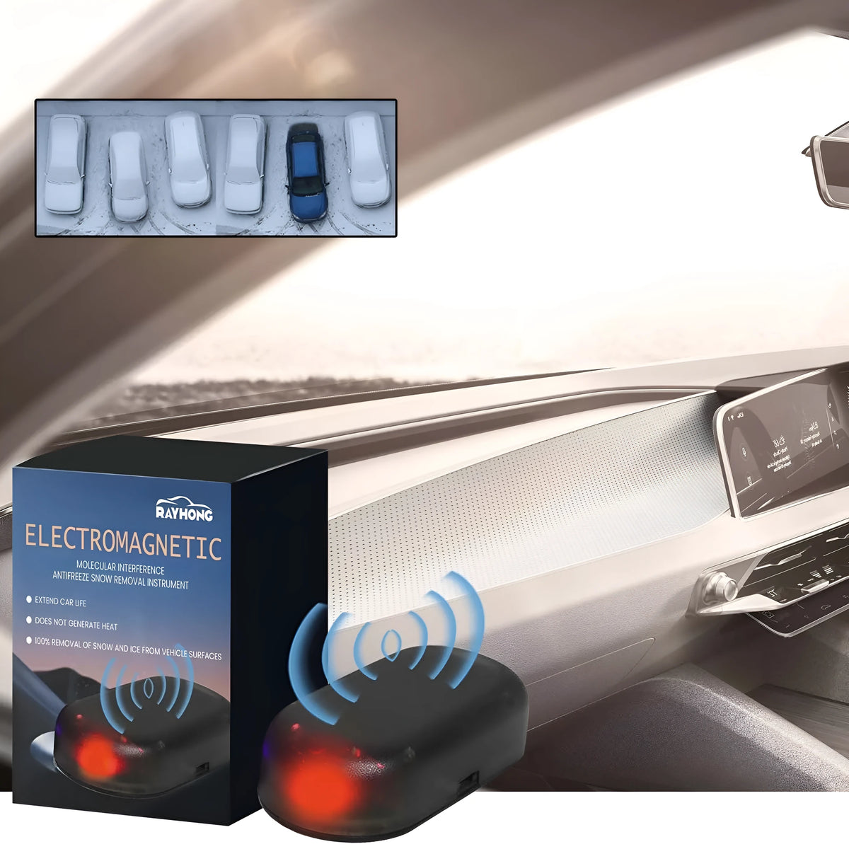 Black handheld car deicer and snow melting tool on car dashboard