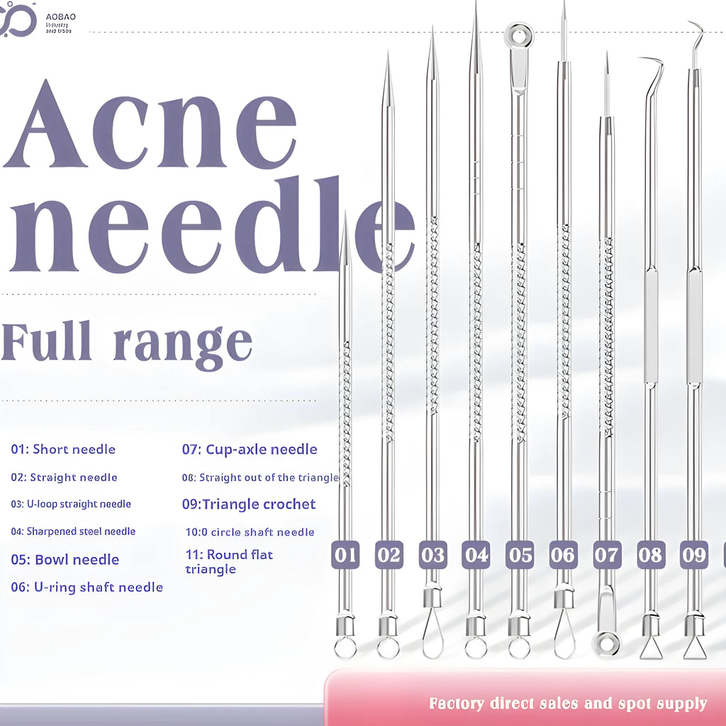 Four silver metal acne needles with fine points held together by a metal clip.