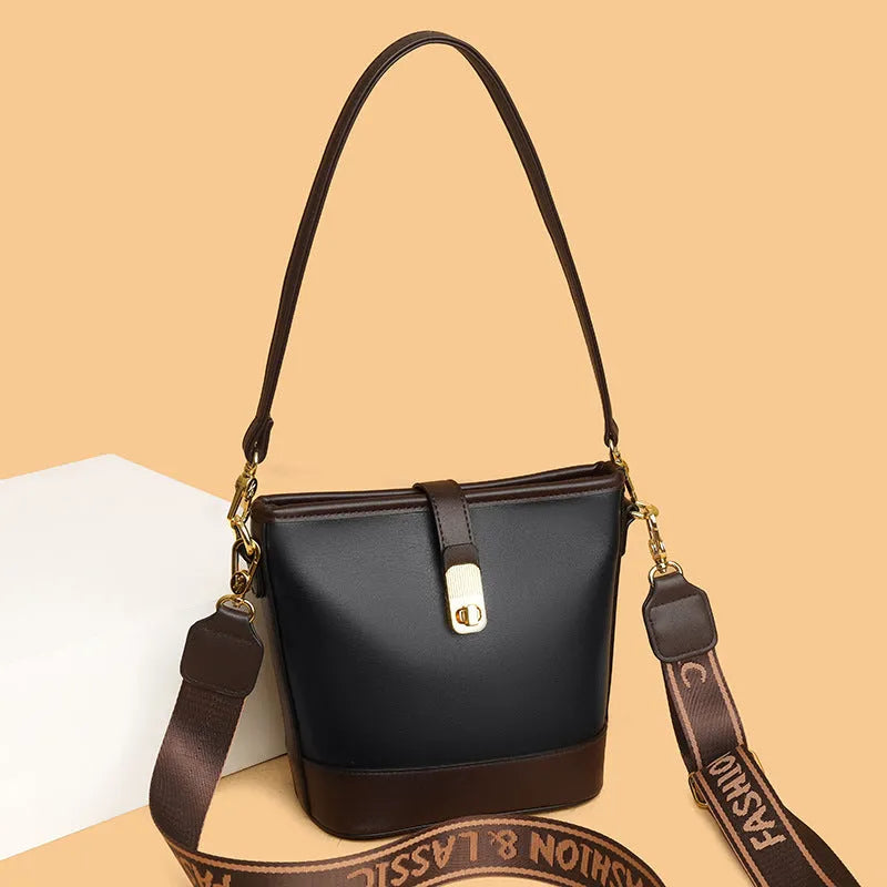Korean style soft PU leather bucket bag with interior organisation compartments and double shoulder straps
