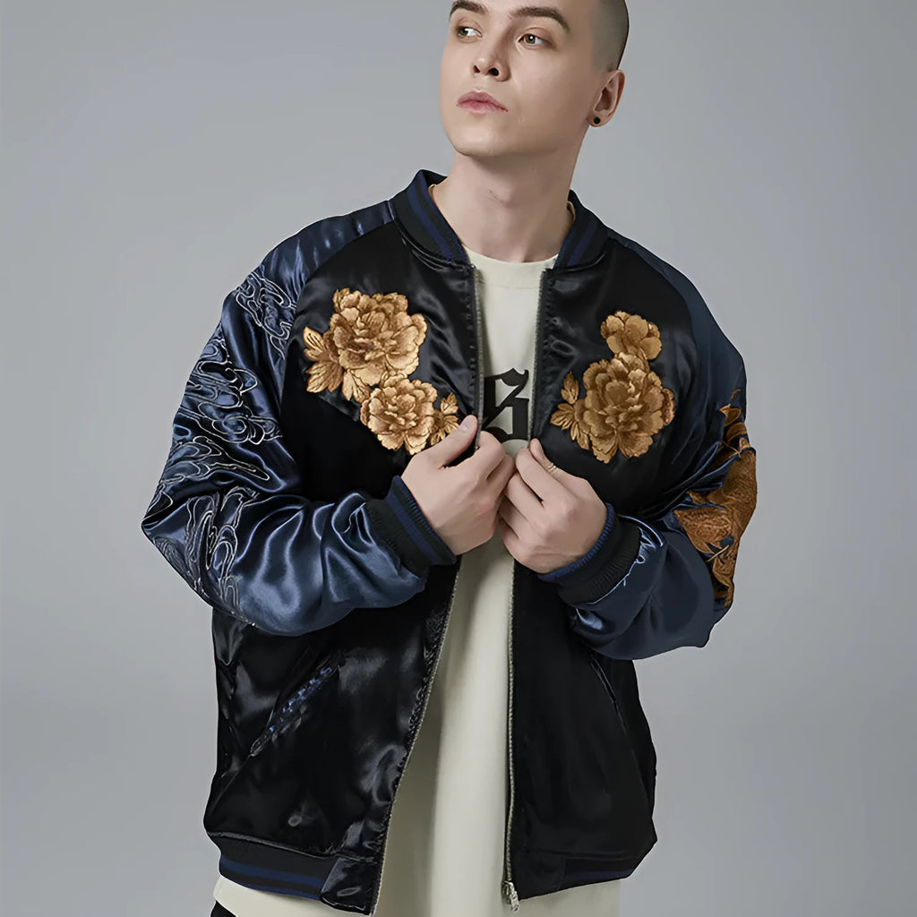 Heavy Industry lion king embroidery jacket for men in satin, champagne and faint blue, sizes M to 3XL