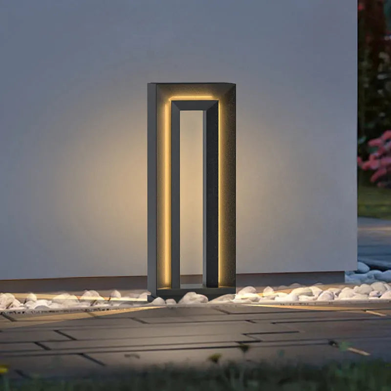 Stainless steel and acrylic solar square courtyard lamp with geometric design for outdoor gardens.