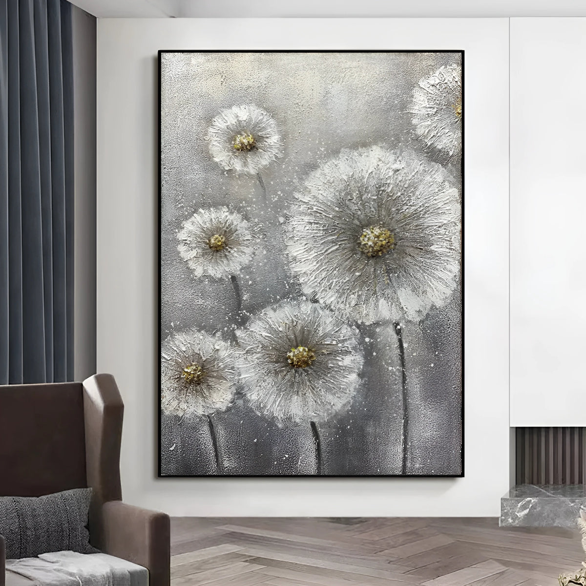 Hand-painted white flower plant oil painting on grey canvas, vertical unframed wall art for home decor