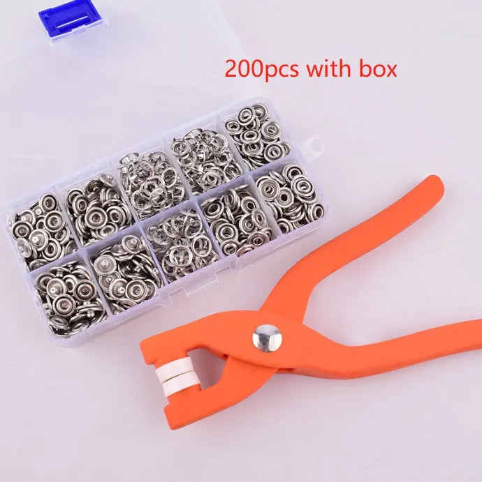Stainless steel no sew suit button with five claw clasp and pliers, size 9.5mm.